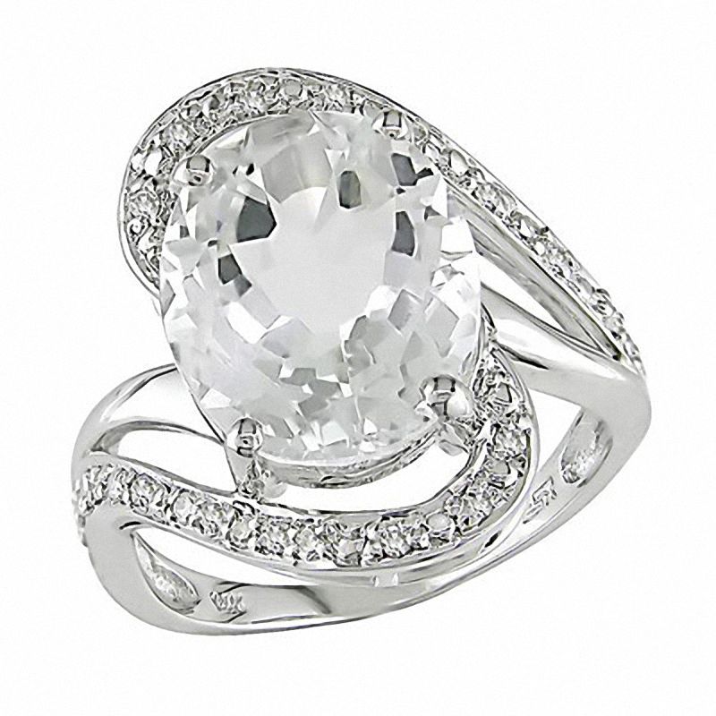 Main Image 1 of Large Oval White Topaz Ring with Diamond Accents in 14K White Gold