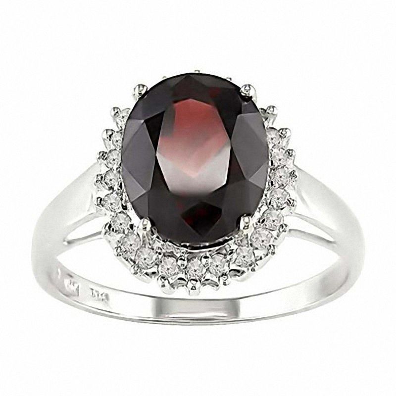 Large Oval Garnet and Diamond Ring in 14K White Gold