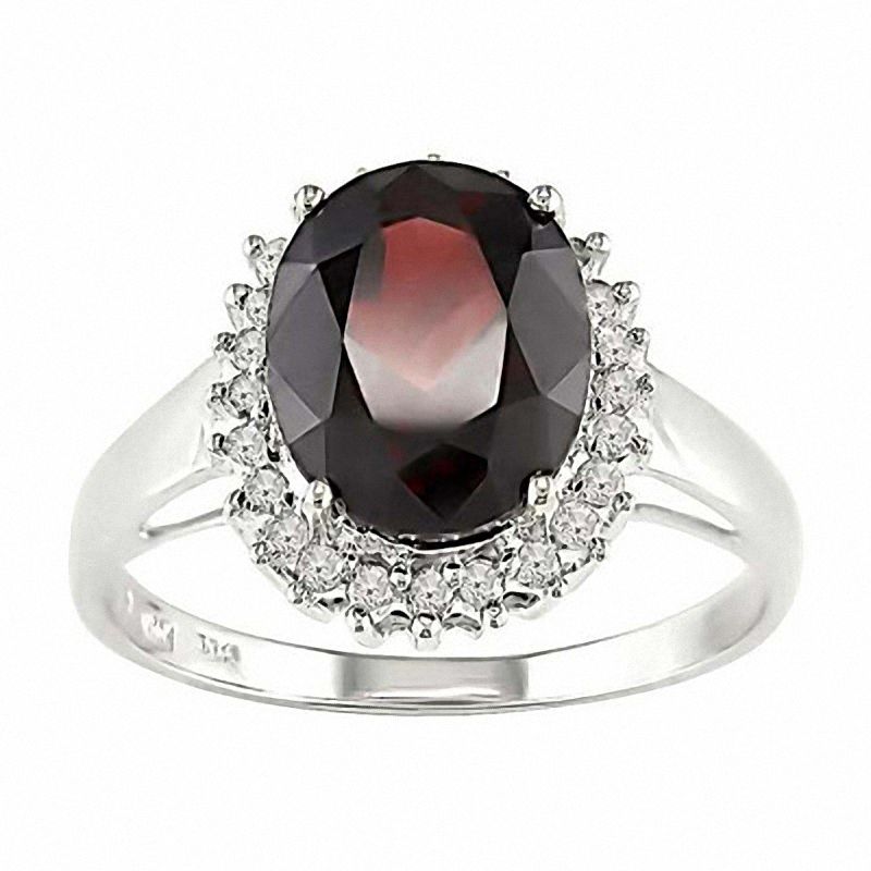 Main Image 1 of Large Oval Garnet and Diamond Ring in 14K White Gold