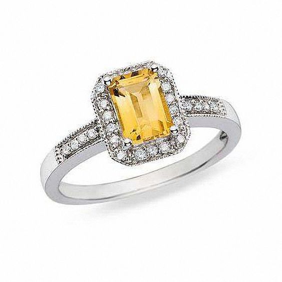 Emerald-Cut Citrine and 1/8Ct. T.w. Diamond Ring in 10K White Gold