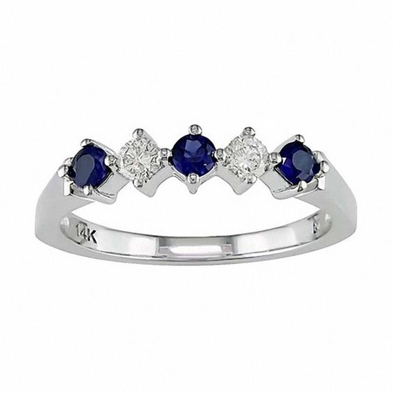 Blue Sapphire and Diamond Band in 14K White Gold