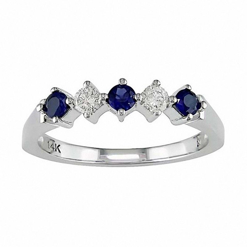 Main Image 1 of Blue Sapphire and Diamond Band in 14K White Gold