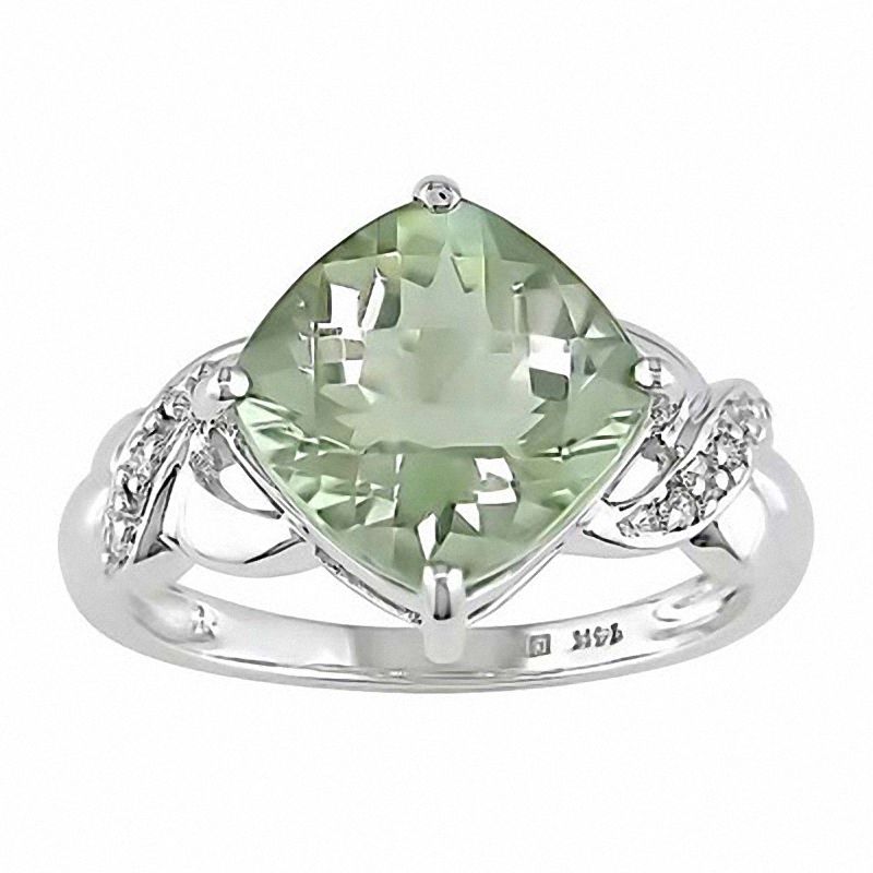 Main Image 1 of Cushion-Cut Green Quartz & Diamond Accent Ring in 14K White Gold