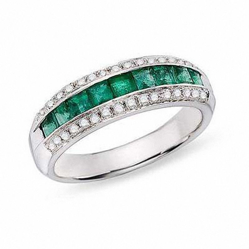 Main Image 1 of Emerald and Diamond Band in 14K White Gold