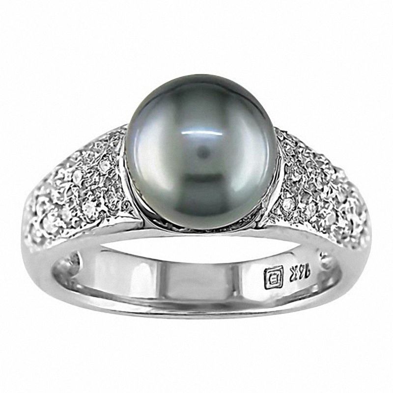 Cultured Tahitian Pearl Ring with 1/3 CT. T.W. Diamonds in 14K White Gold