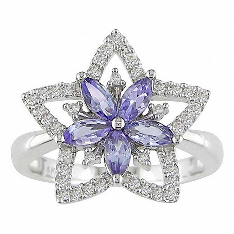 Tanzanite and 1/5 CT. T.W. Diamond Star Ring in 14K White Gold