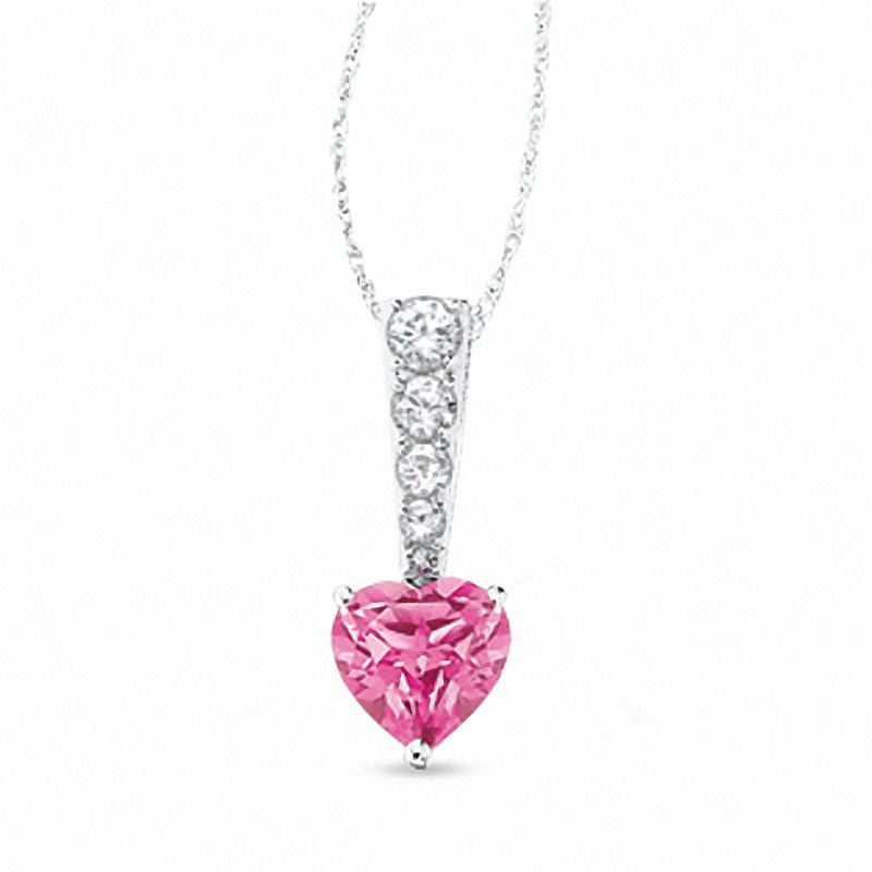 Lab-Created Pink Sapphire Stick Heart Pendant in 10K White Gold with White Sapphires and Diamond Accents