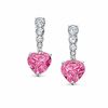 Thumbnail Image 1 of Lab-Created Pink Sapphire Stick Heart Earrings in 10K White Gold with Lab-Created White Sapphires and Diamond Accents