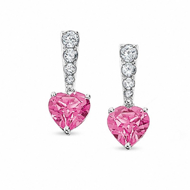 Main Image 1 of Lab-Created Pink Sapphire Stick Heart Earrings in 10K White Gold with Lab-Created White Sapphires and Diamond Accents