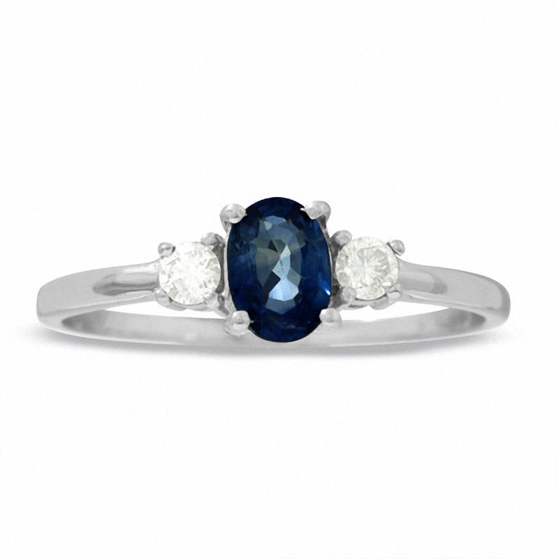 Main Image 1 of Blue Sapphire and Diamond Three Stone Ring in 14K White Gold