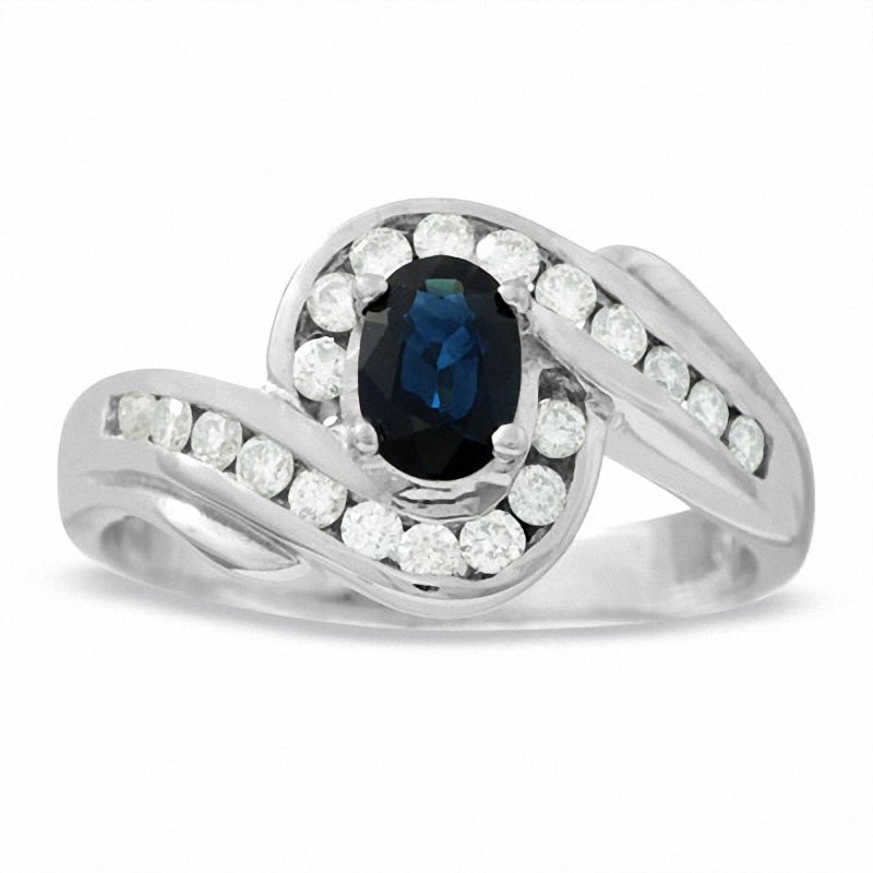 Main Image 1 of Blue Sapphire and 2/5CT. T.W. Diamond Swirl Ring in 14K White Gold
