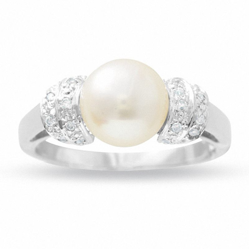 Main Image 1 of Freshwater Cultured Pearl and Diamond Ring in 14K White Gold