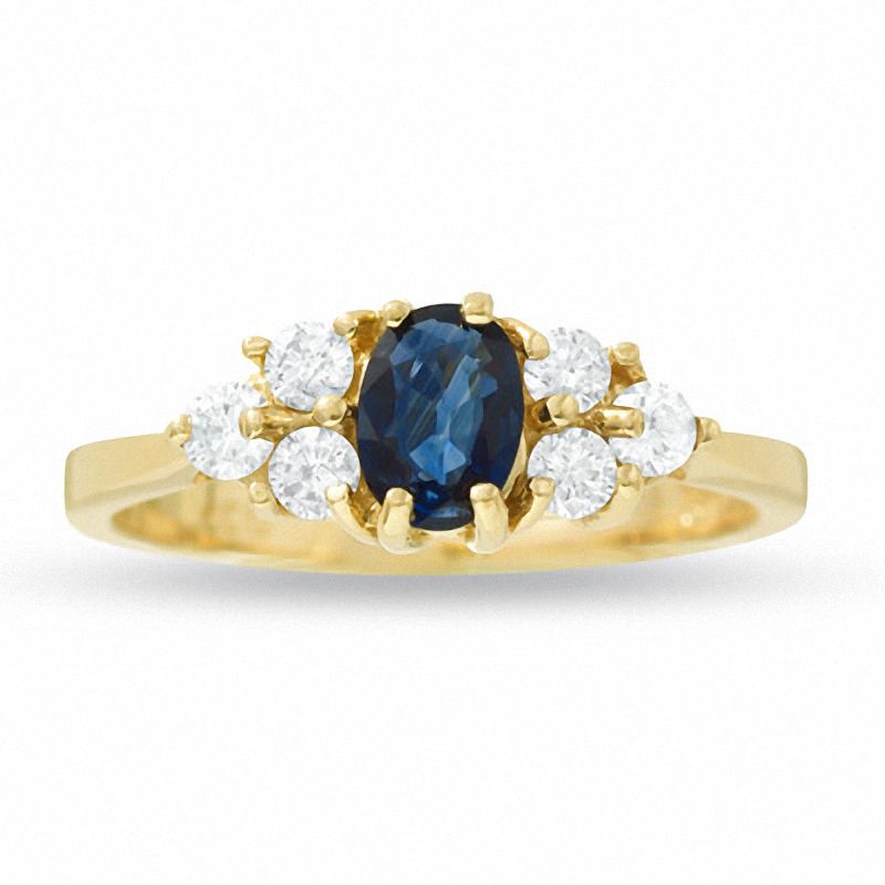 Main Image 1 of Oval Blue Sapphire and 3/8CT. T.W. Diamond Ring in 14K Gold