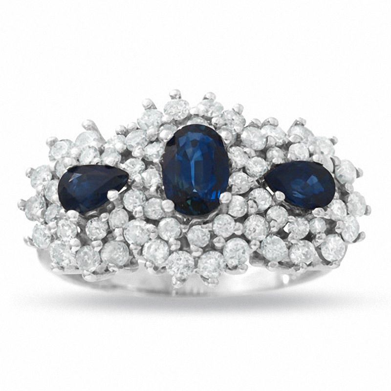 Main Image 1 of Three Stone Blue Sapphire and 1-1/5 CT. T.W. Diamond Ring in 14K White Gold