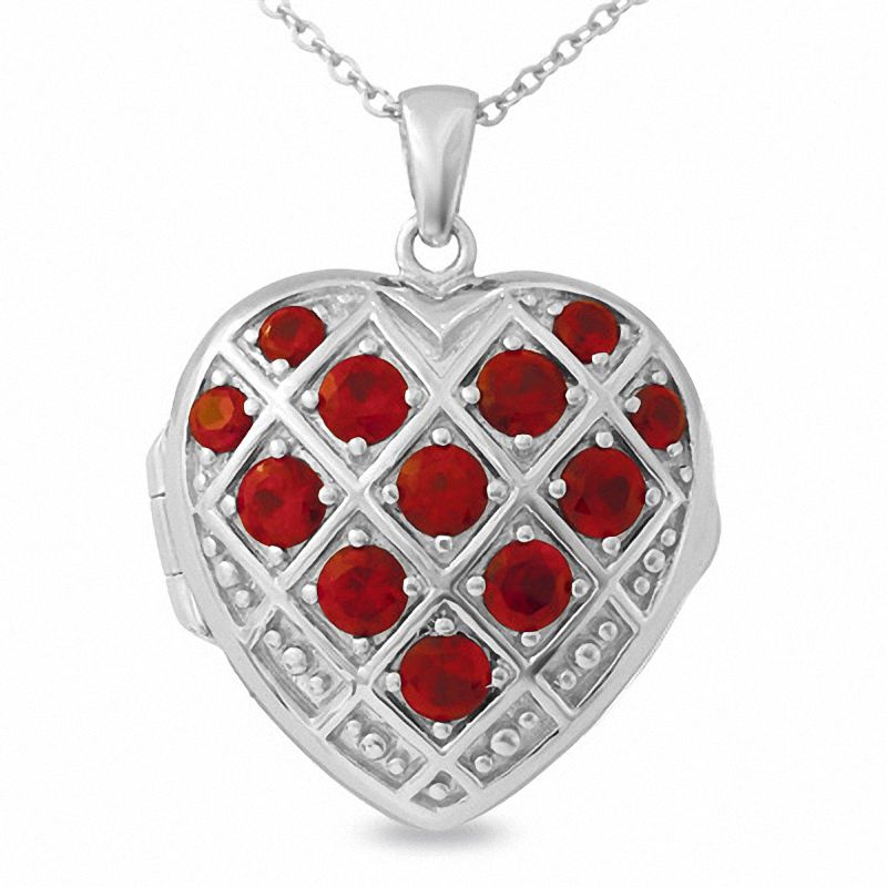 Main Image 1 of Lab-Created Round Ruby Basket Weave Heart Locket in Sterling Silver