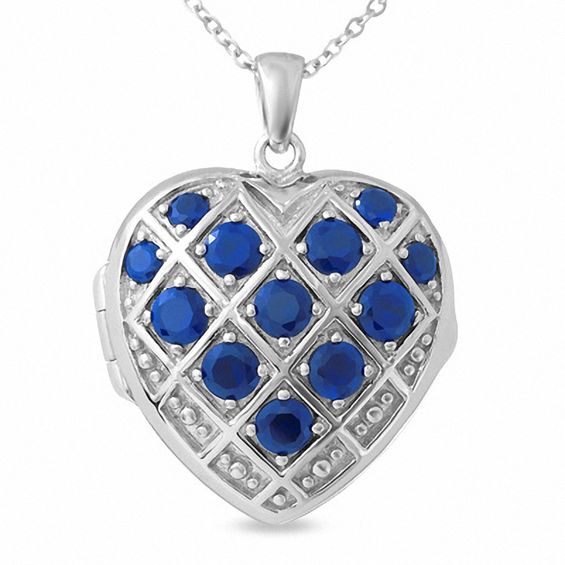 Lab-Created Blue Sapphire Basket Weave Heart Locket in Sterling Silver