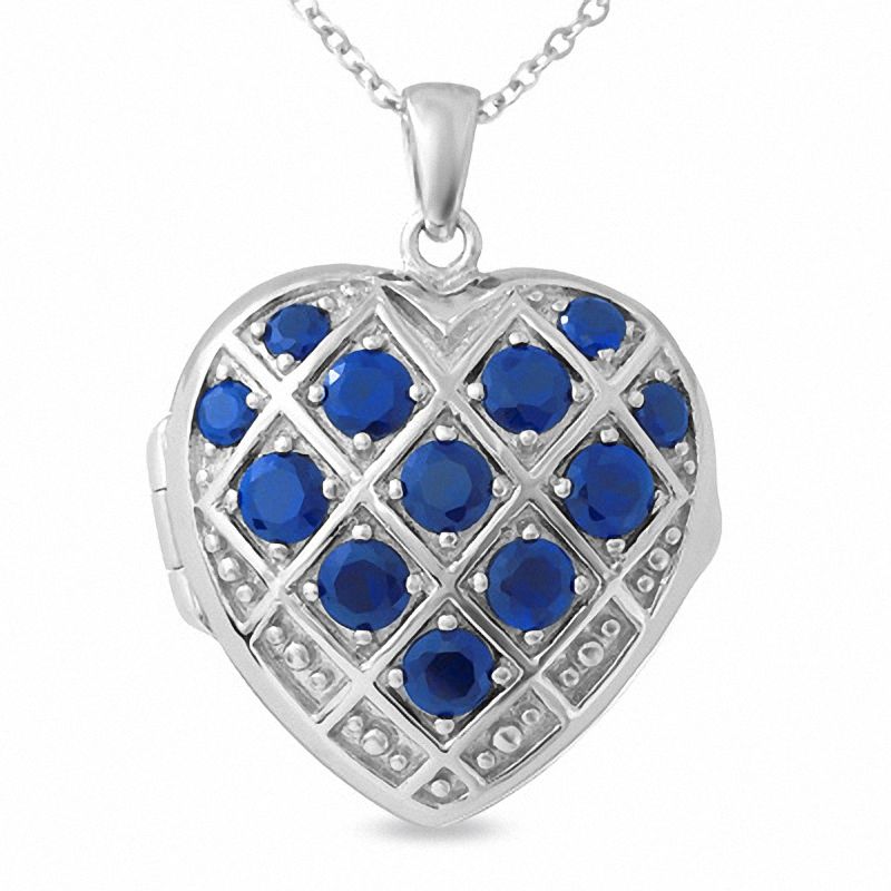 Lab-Created Blue Sapphire Basket Weave Heart Locket in Sterling Silver