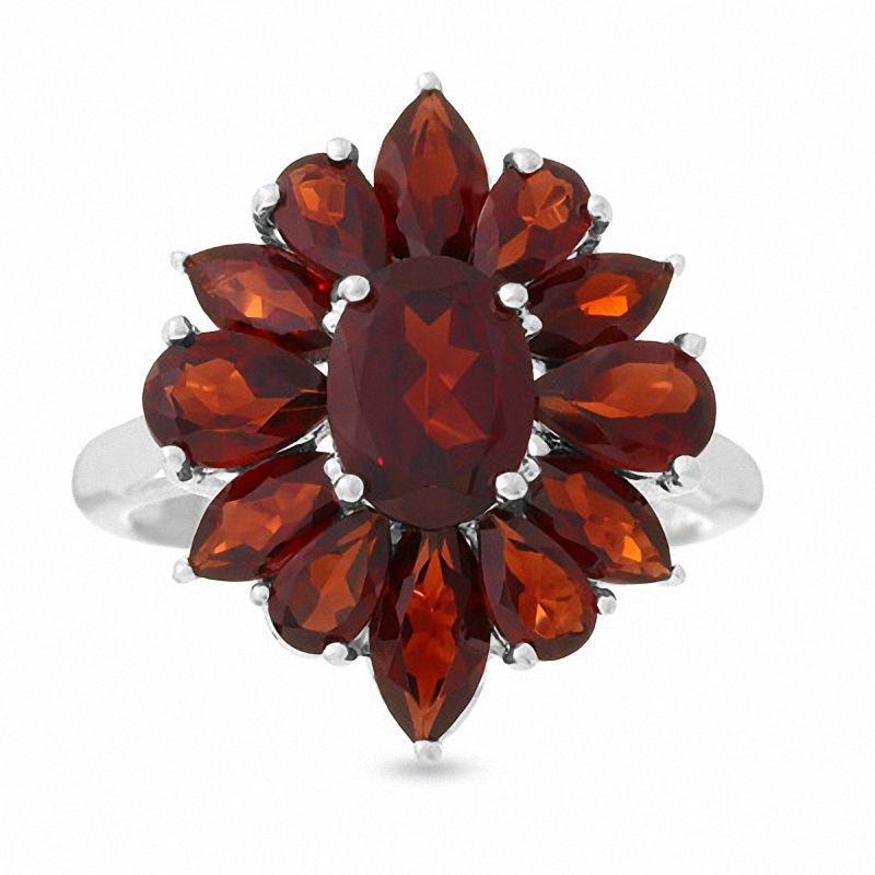 Main Image 1 of Large Flower Cluster Garnet Ring in Sterling Silver