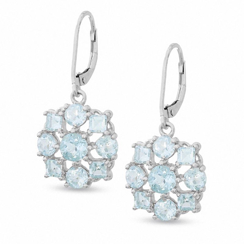 Main Image 1 of Aquamarine Flower Drop Leverback Earrings in Sterling Silver