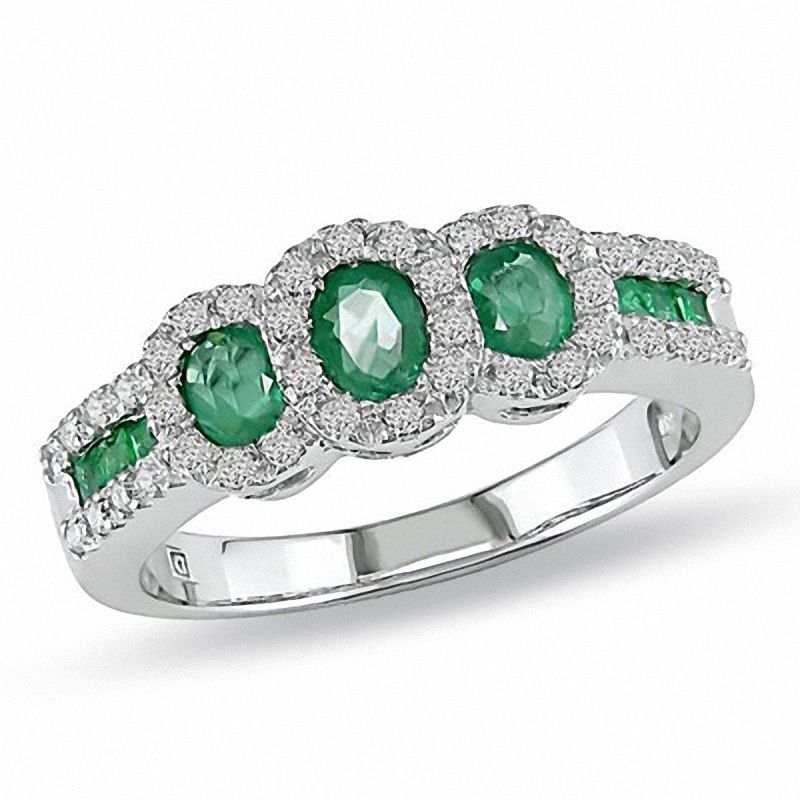 Three Stone Emerald and Diamond Ring in 14K White Gold