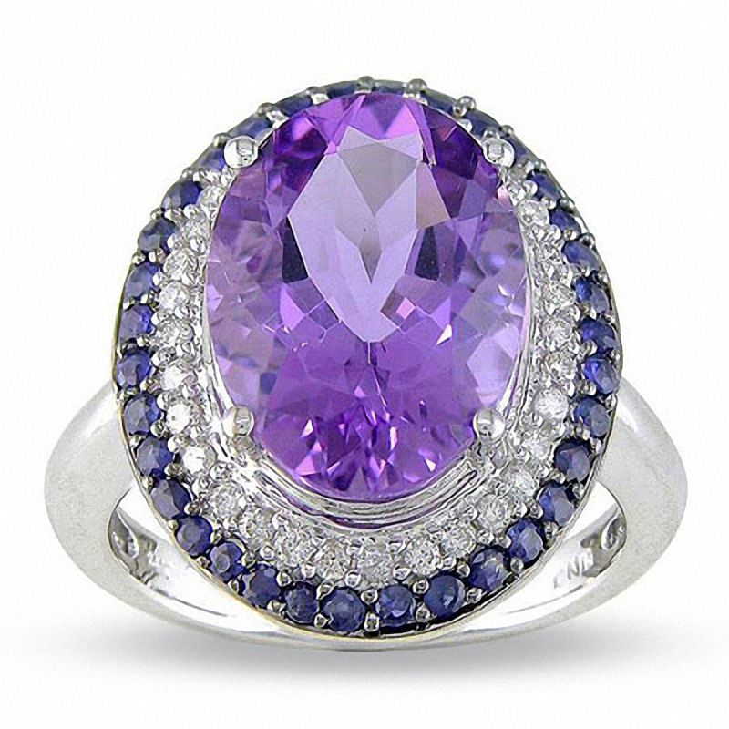 Main Image 1 of Large Oval Amethyst and Sapphire Ring in 14K White Gold with Diamond Accents