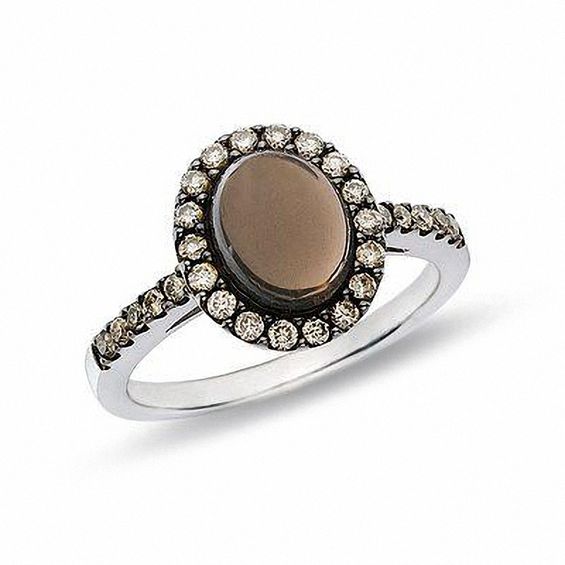 Oval Smoky Quartz Ring in 14K White Gold with Enhanced Champagne Diamond Accents