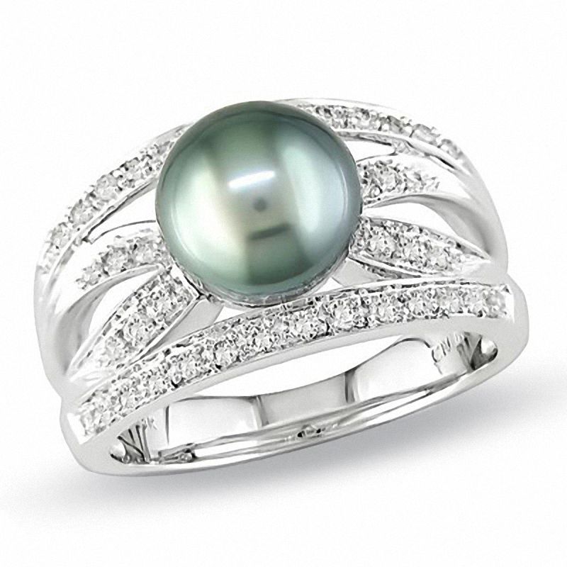 Main Image 1 of Tahitian Cultured Pearl and Diamond Ring in 14K White Gold
