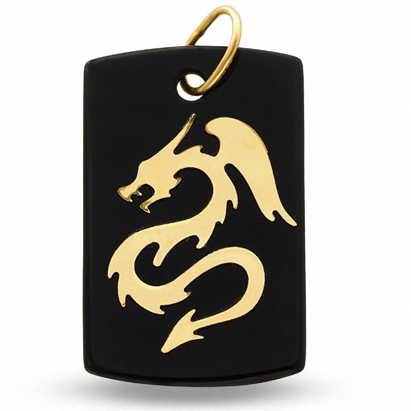 Main Image 1 of Men's Onyx and 10K Gold Dragon Dog Tag