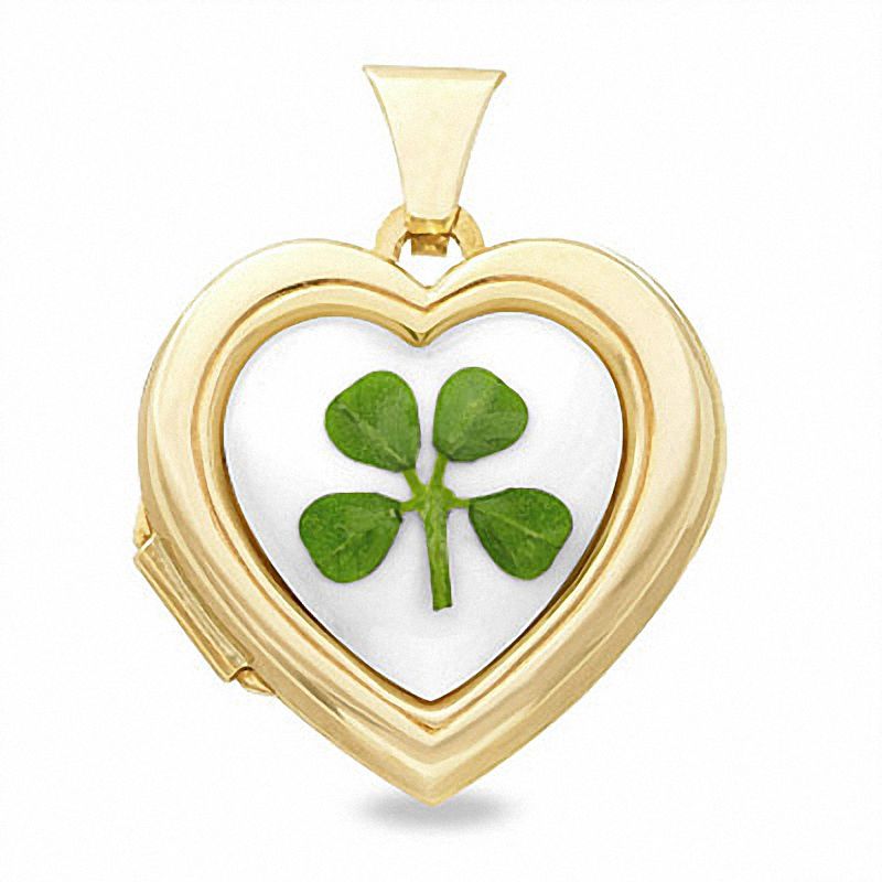 10K Gold Genuine 4-Leaf Irish Clover and Mother-of-Pearl Heart Locket