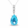 Thumbnail Image 0 of Pear-Shaped Blue Topaz Drop on Three Stone Diamond Bale Pendant in 14K White Gold