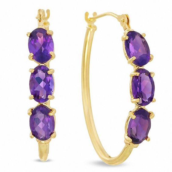 Amethyst Three Stone Oval Hoop Earrings in 14K Gold