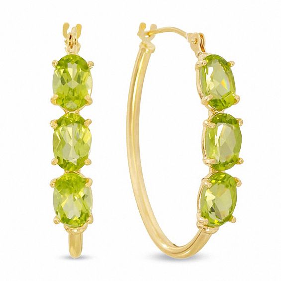 Peridot Three Stone Oval Hoop Earrings in 14K Gold