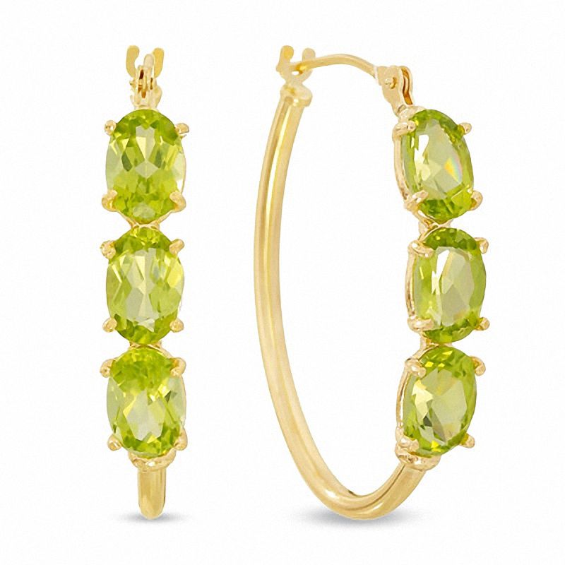 Main Image 1 of Peridot Three Stone Oval Hoop Earrings in 14K Gold