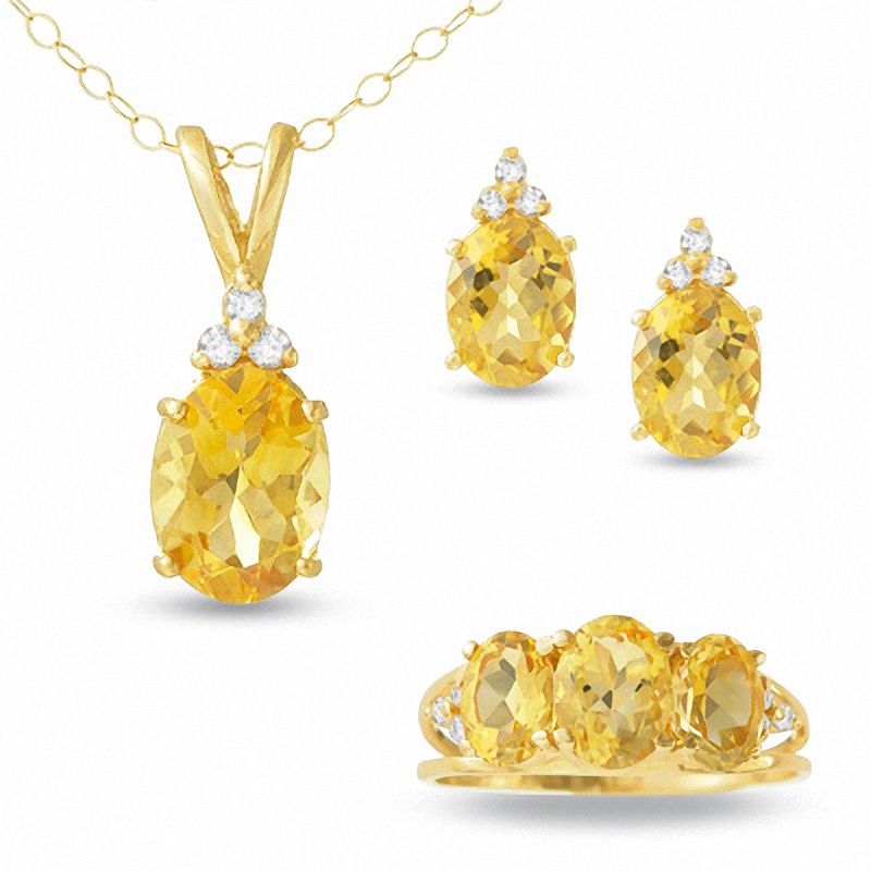 Main Image 1 of Three Stone Citrine and Diamond Ring, Pendant and Earring Set in 14K Gold - 16"