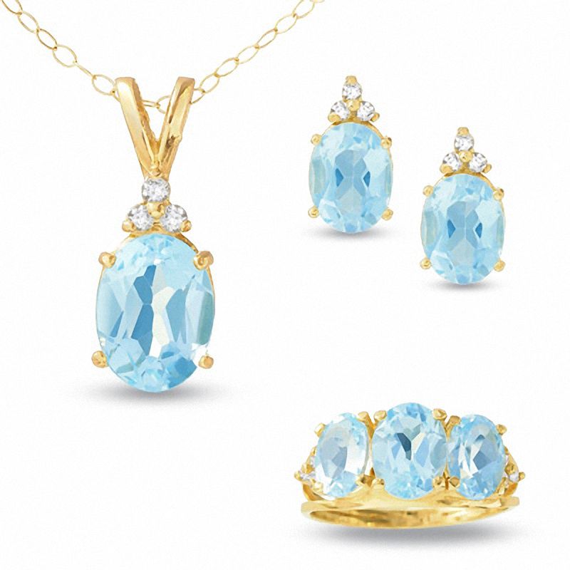 Main Image 1 of Three Stone Blue Topaz and Diamond Ring, Earrings and Pendant Set in 14K Gold - 16"