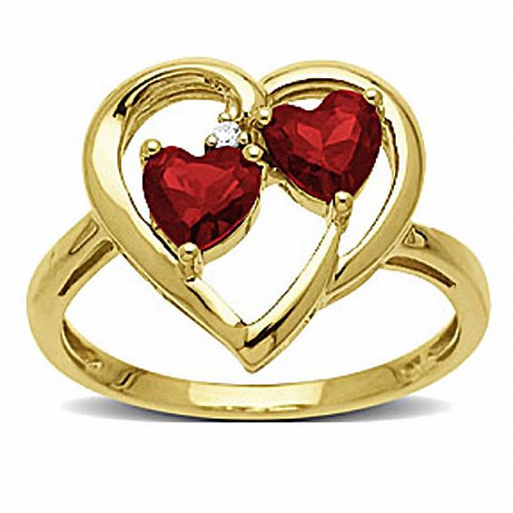 Lab-Created Ruby Couple's Heart Ring in 10K Gold with Diamond Accent