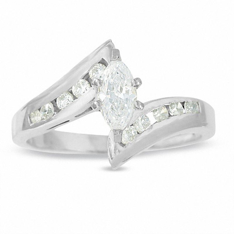Main Image 1 of 1/2 CT. T.W. Marquise Diamond Solitaire Engagement Ring with Side Accents in 14K White Gold