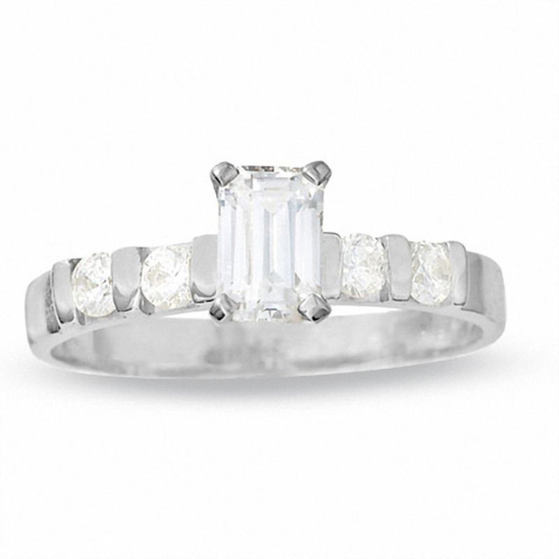 Main Image 1 of 1/2 CT. T.W. Emerald-Cut Diamond Solitaire Engagement Ring with Side Accents in 14K White Gold