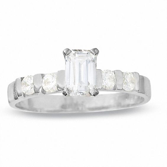 3/4 CT. T.w. Emerald-Cut Diamond Ring with Side Accents in 14K White Gold