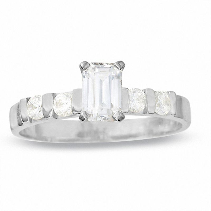 Main Image 1 of 3/4 CT. T.W. Emerald-Cut Diamond Ring with Side Accents in 14K White Gold