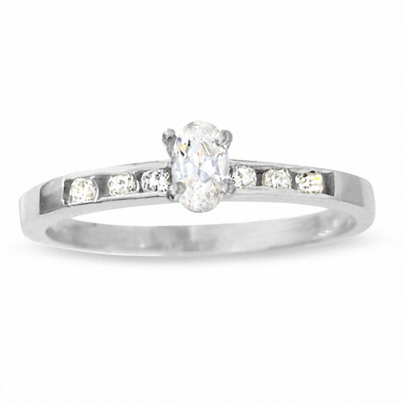 Main Image 1 of 1/2 CT. T.W. Oval Diamond Solitaire Engagement Ring with Side Accents in 14K White Gold
