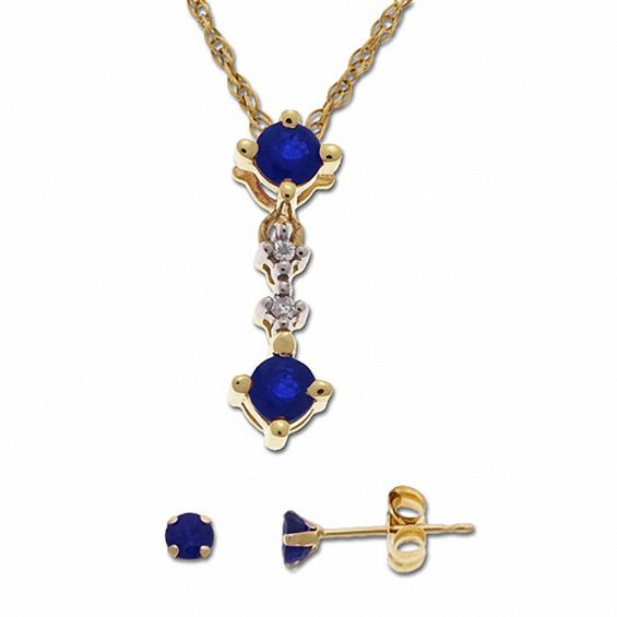 Blue Sapphire Earring and Pendant Jewelry Set in 10K Gold with Diamond Accents