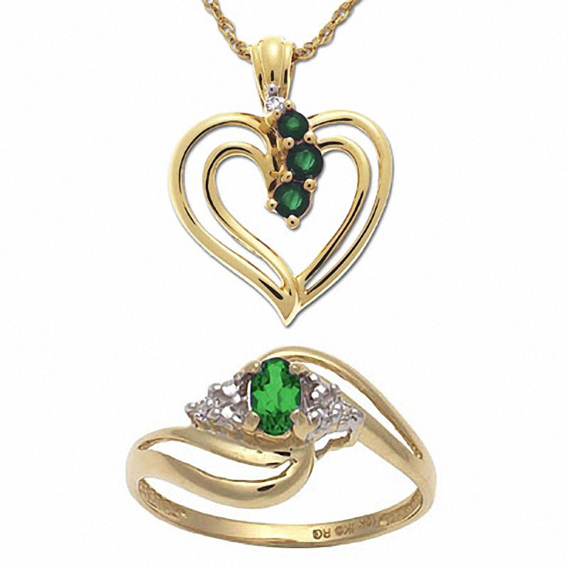 Main Image 1 of Emerald Heart Pendant and Ring Boxed Set in 10K Gold with Diamond Accents