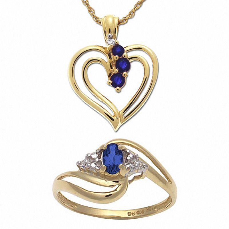 Blue Sapphire Heart Pendant and Ring Boxed Set in 10K Gold with Diamond Accents