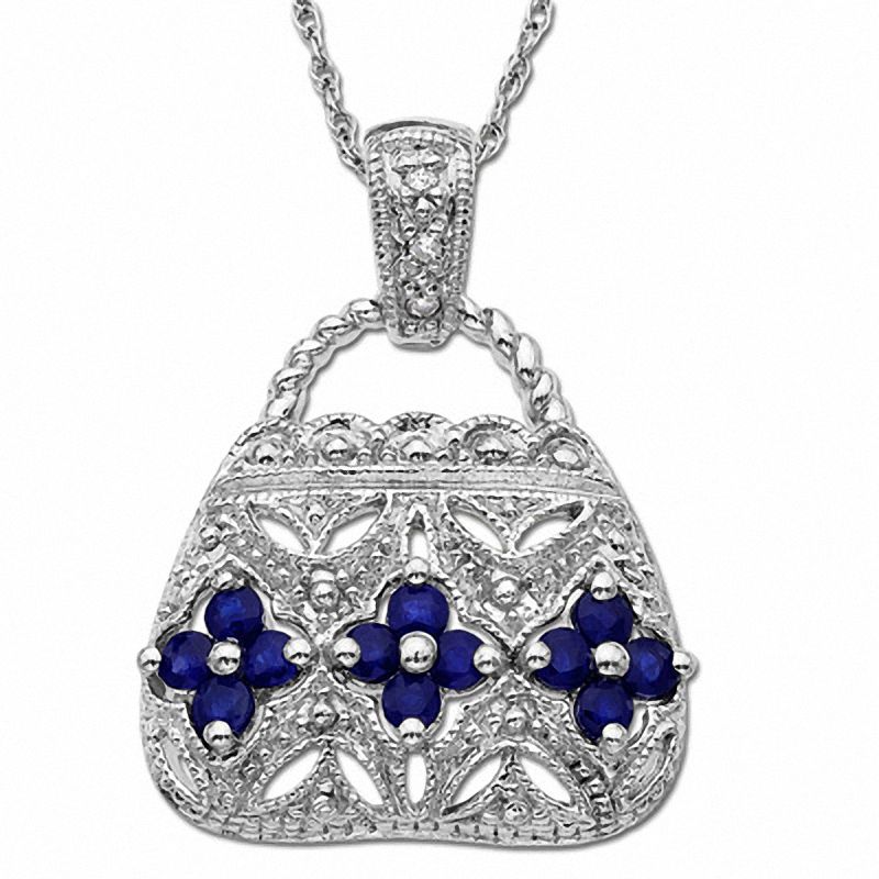 Main Image 1 of Blue Sapphire Purse Pendant in 10K White Gold with Diamond Accents