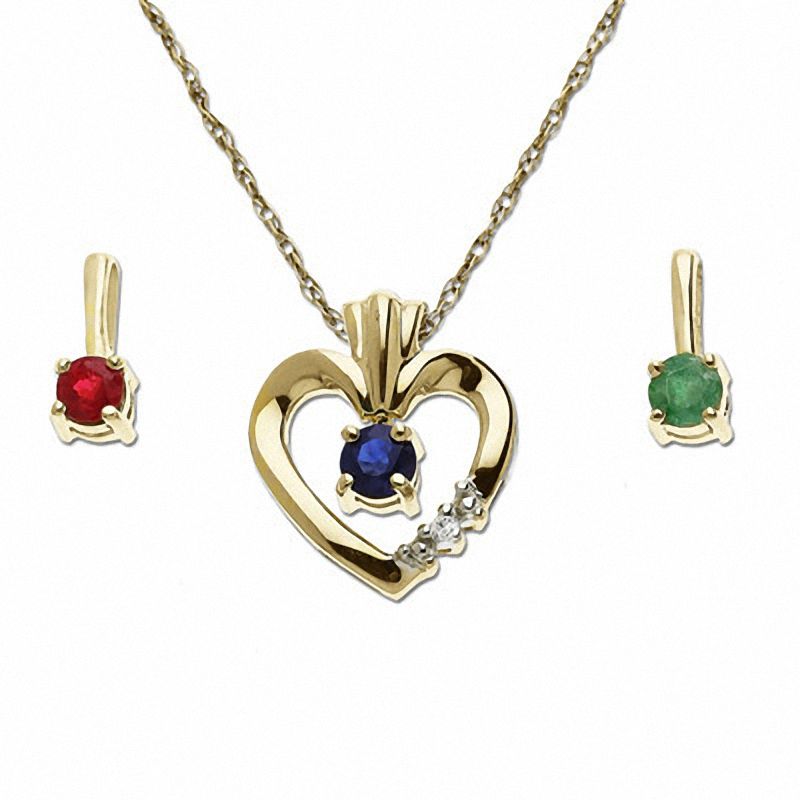Main Image 1 of Heart Pendant in 10K Gold with Diamond Accents and Interchangeable Stones: Blue Sapphire, Emerald & Ruby