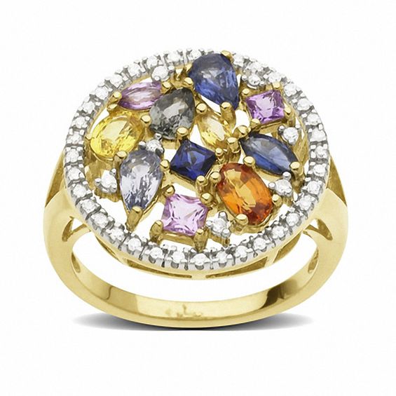 Multi-Color Sapphire Circle Ring in 14K Gold with Diamond Accents