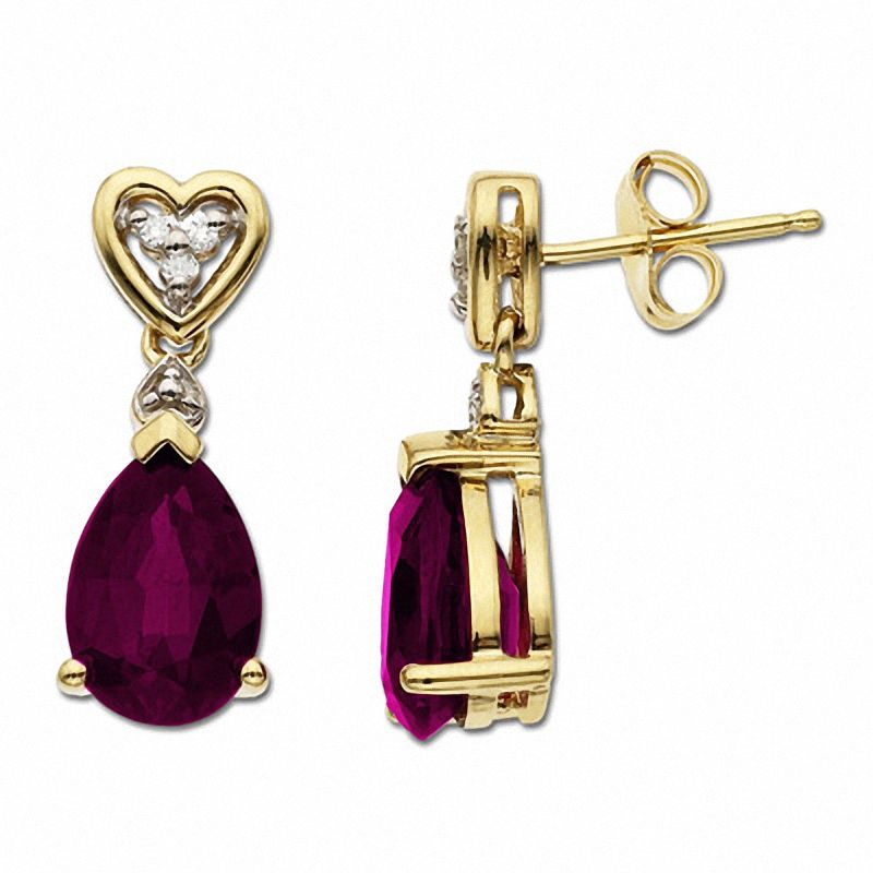 Main Image 1 of Lab-Created Ruby Drop Earrings in 10K Gold with Diamond Accents