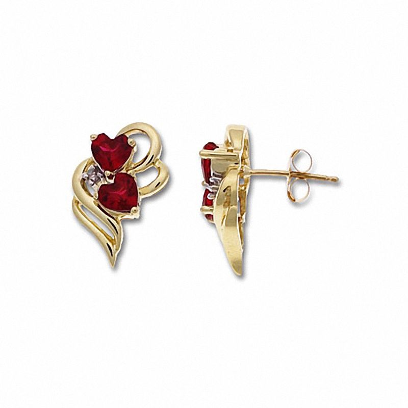 Main Image 1 of Heart-Shaped Lab-Created Ruby 10K Gold Earrings with Diamond Accents