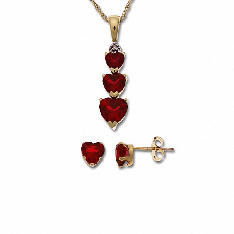 Main Image 1 of Heart Lab-Created Ruby Drop Pendant and Earrings Set in 10K Gold with Diamond Accents